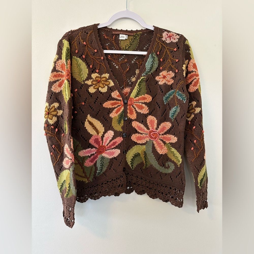 Peruvian Connection Fantasy Floral Knit Pima Cardigan Sweater Medium
